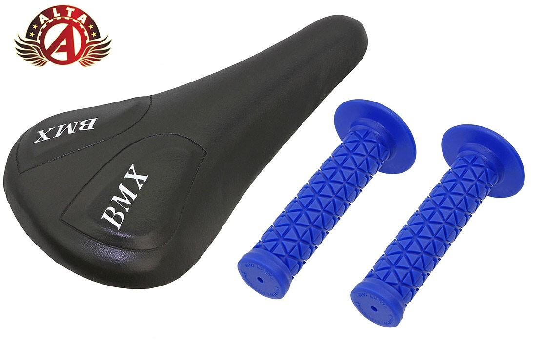 ALTA Black BMX Vinyl Saddle & Triangle 125mm Blue Grips BMX BIKES.