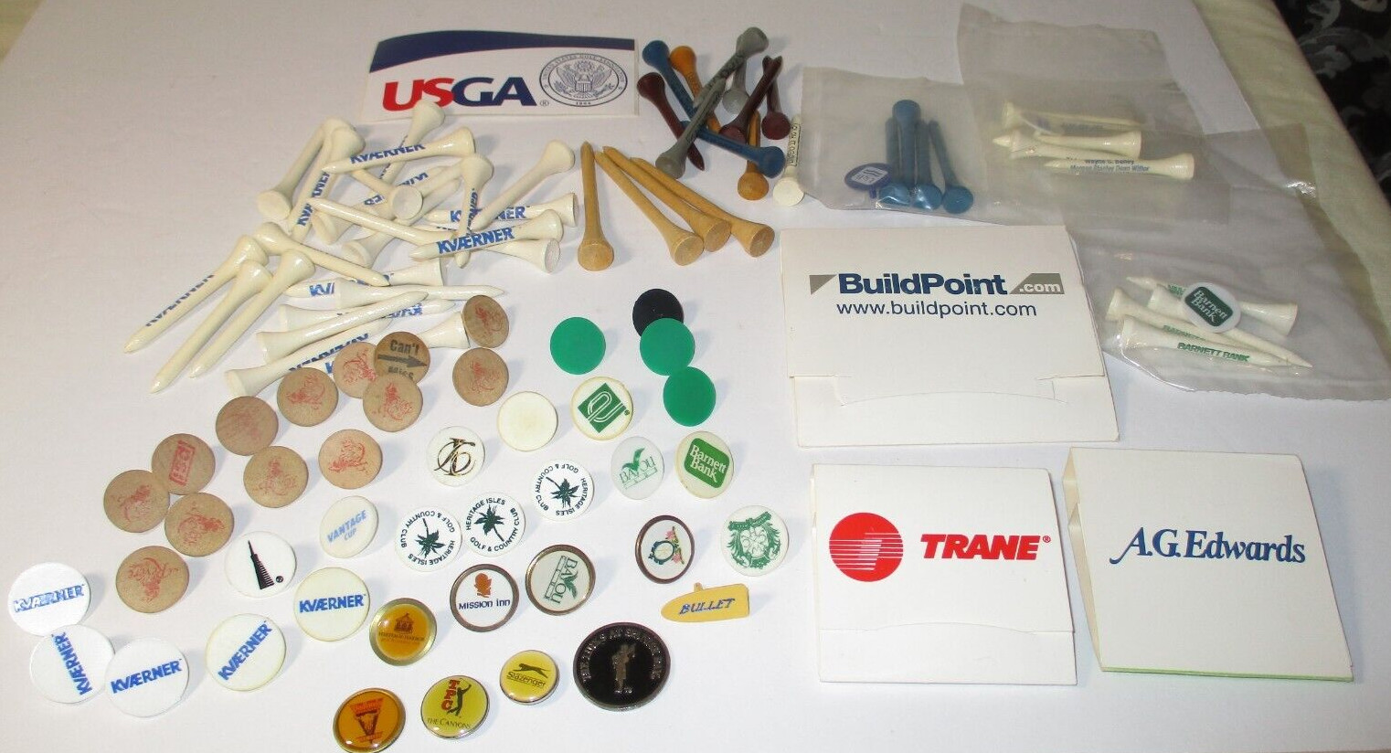BIG Lot ADVERTISING GOLF TEES & BALL MARKERS Matchbooks TRANE KVAERNER Banks etc