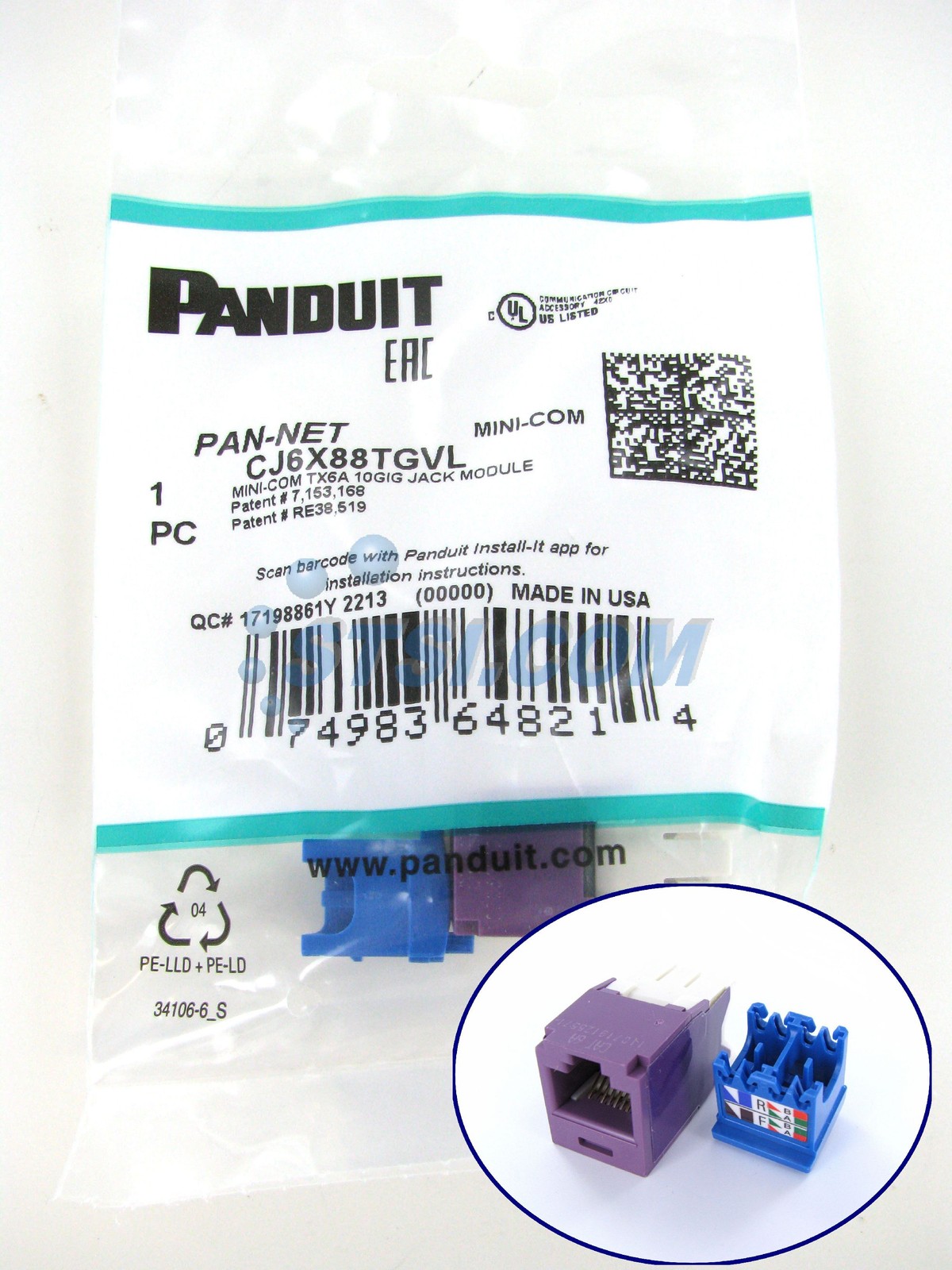 Panduit CJ6X88TGVL Mini-Com UTP RJ45 Cat6a TG Jack Module, Violet ~STSI