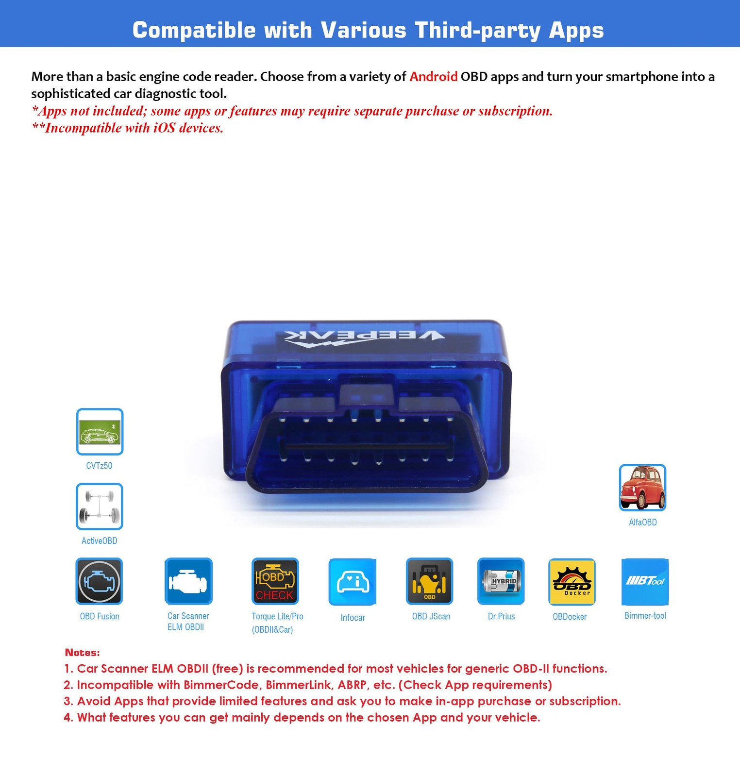 Veepeak Mini Bluetooth OBD2 Scanner for 3.0 Android ONLY, Blue