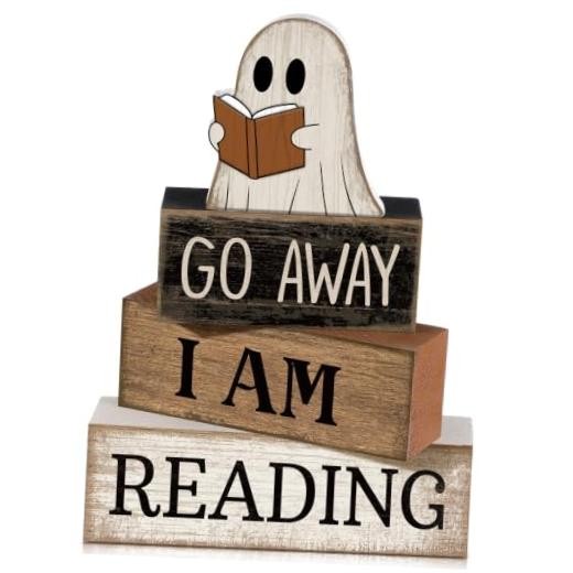 Moucuny 4 Pcs Halloween Table Decoration Wooden Ghost Reading Stacked Block