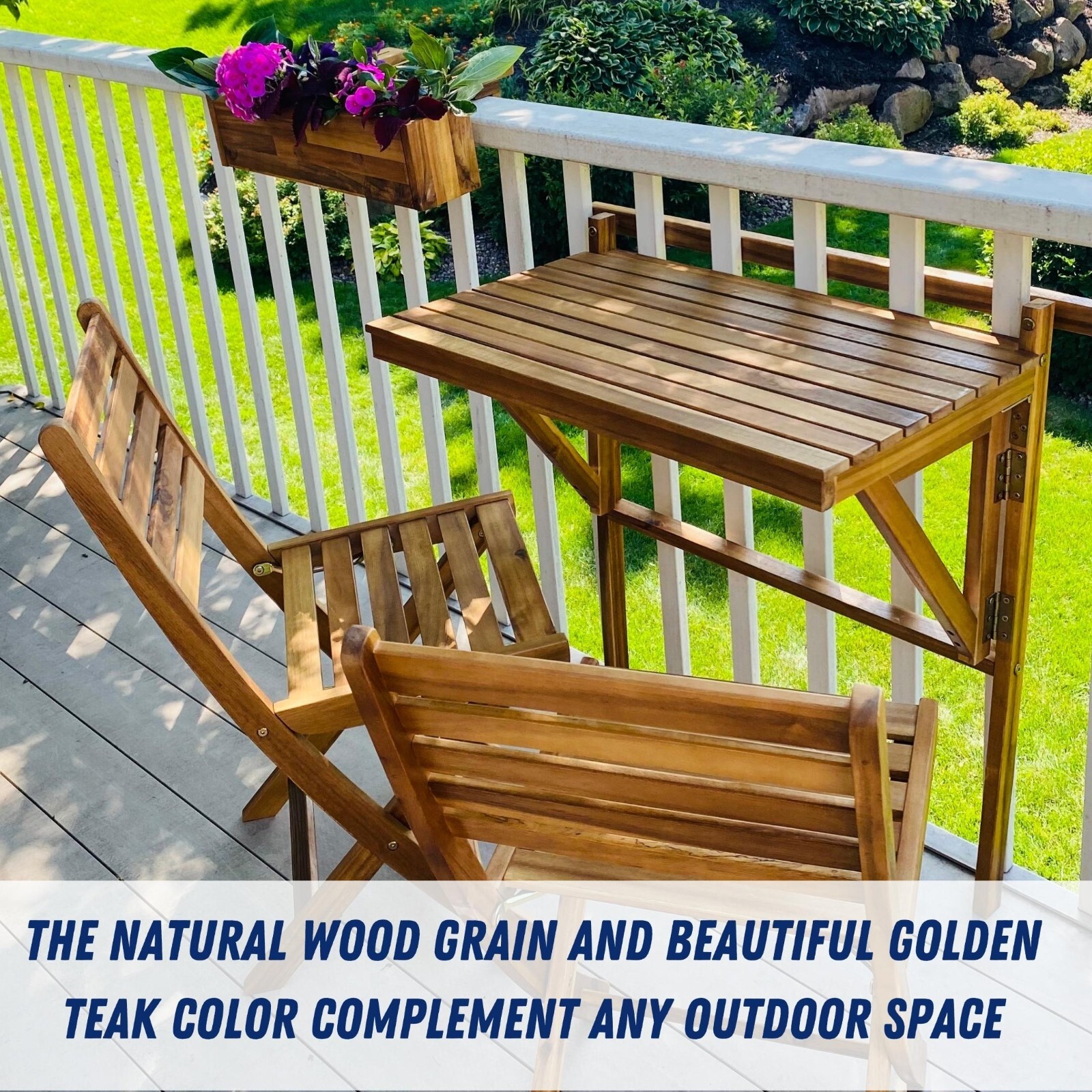 Patio Wise Outdoor Folding Acacia Wood Balcony Railing Table, Foldable Deck Bar