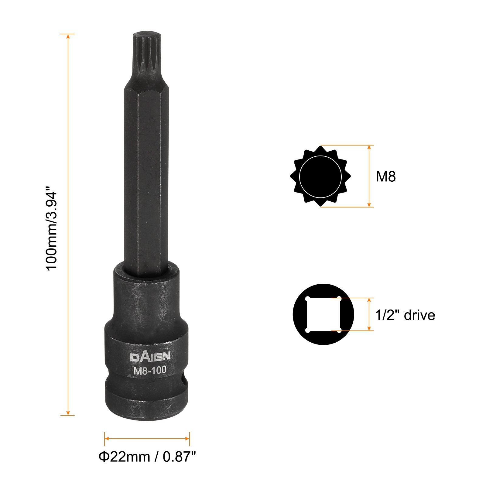 2pcs M8 12 Point Spline Bit Socket 100mm Length 1/2" Square Impact Bit, Black