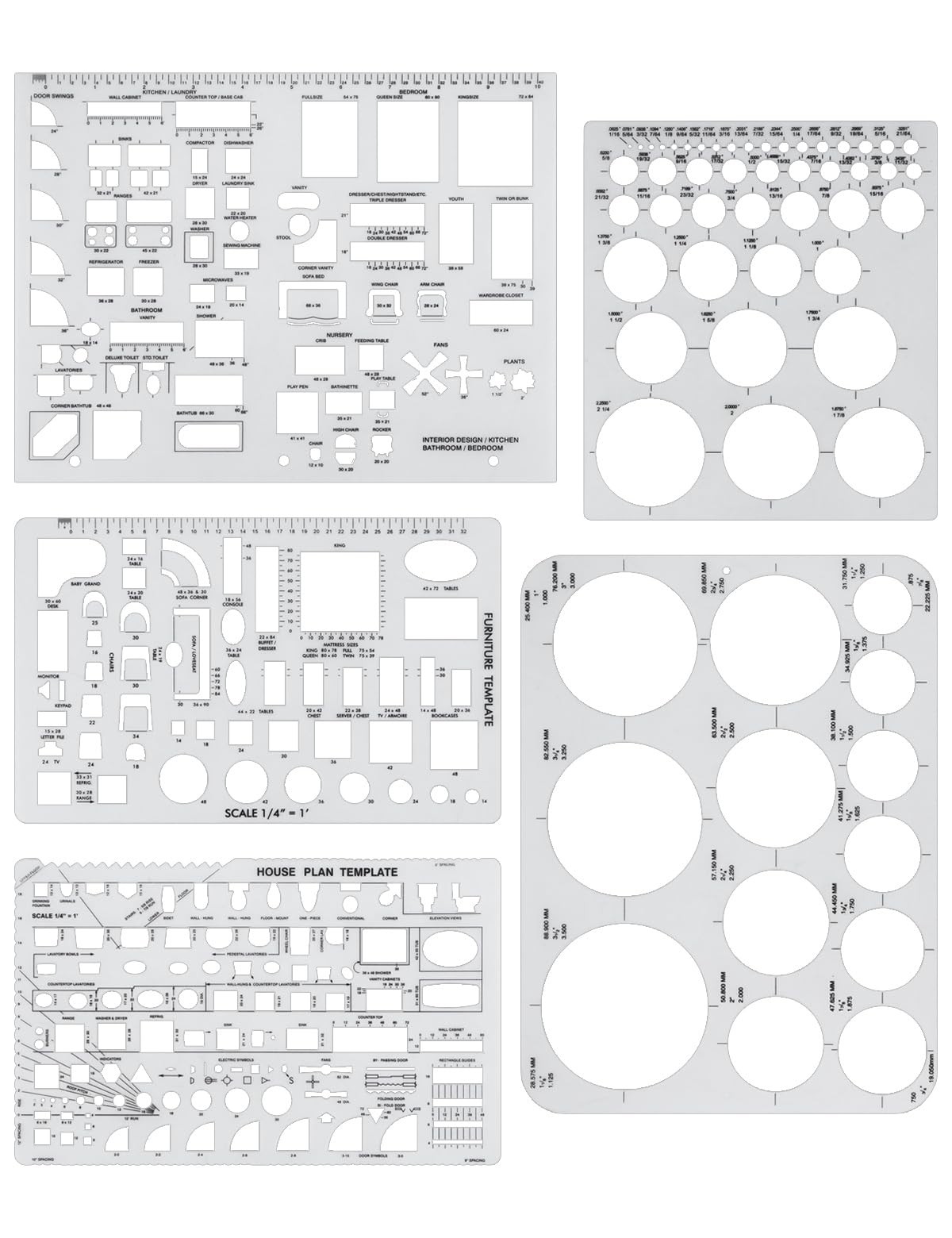 GAUENEEN 5 Pcs Architectural Templates: Circle, 11 inches × 8.7 inches, Clear