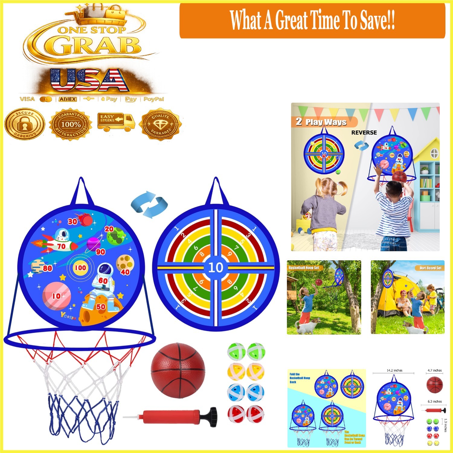 2 in 1 Kids Basketball Hoop and Dart Board Set Blue – Indoor Outdoor Play Toy...