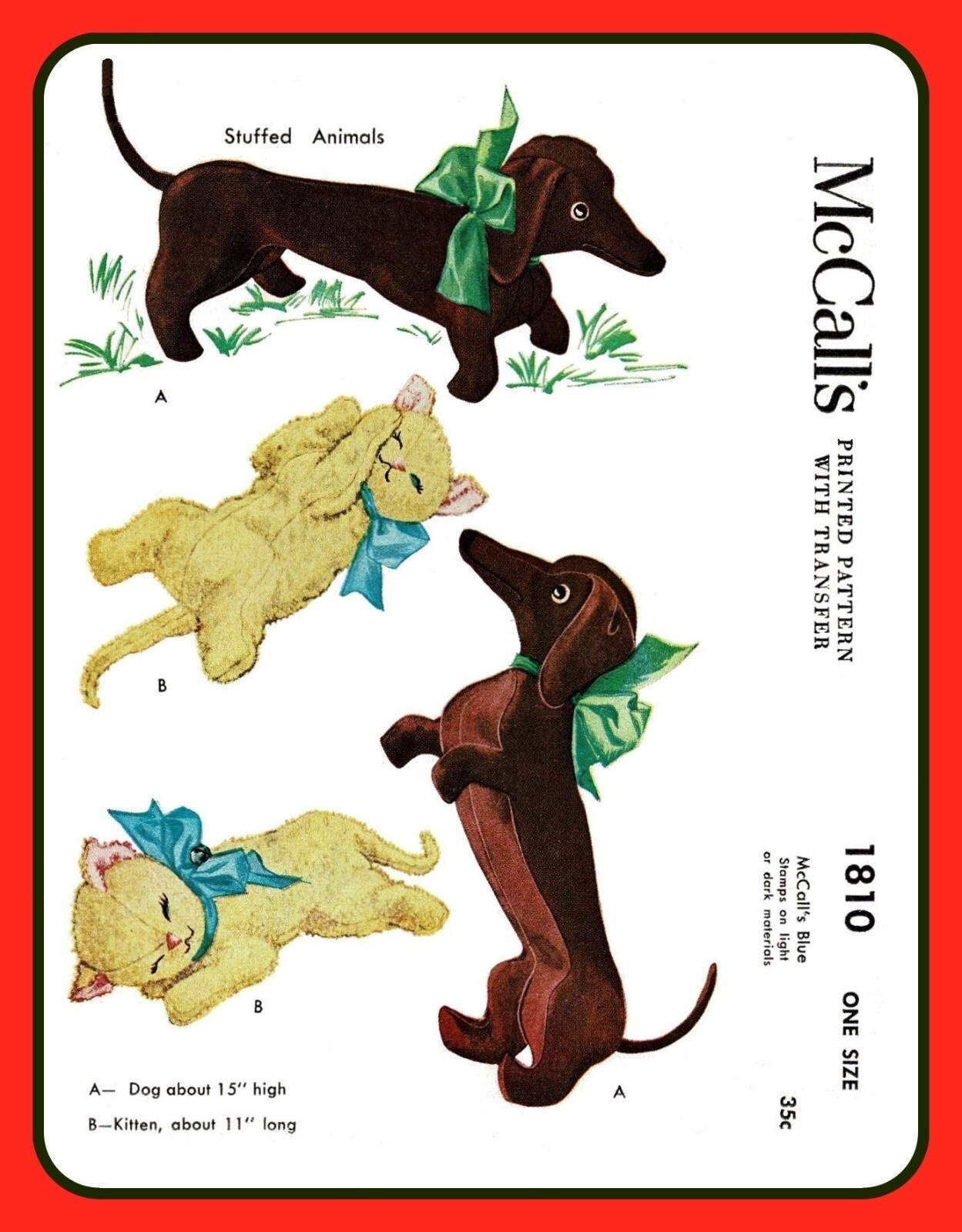 Stuffed Animal Pattern McCall's 1810 Dachshund DOG Puppy Kitten CAT VTG 1953