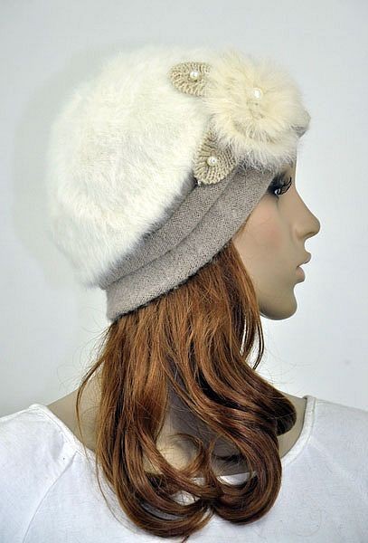 JM32 Rabbit Fur & Wool Women Winter Dress Hat Beanie Cap Cute Flower Ivory Beige