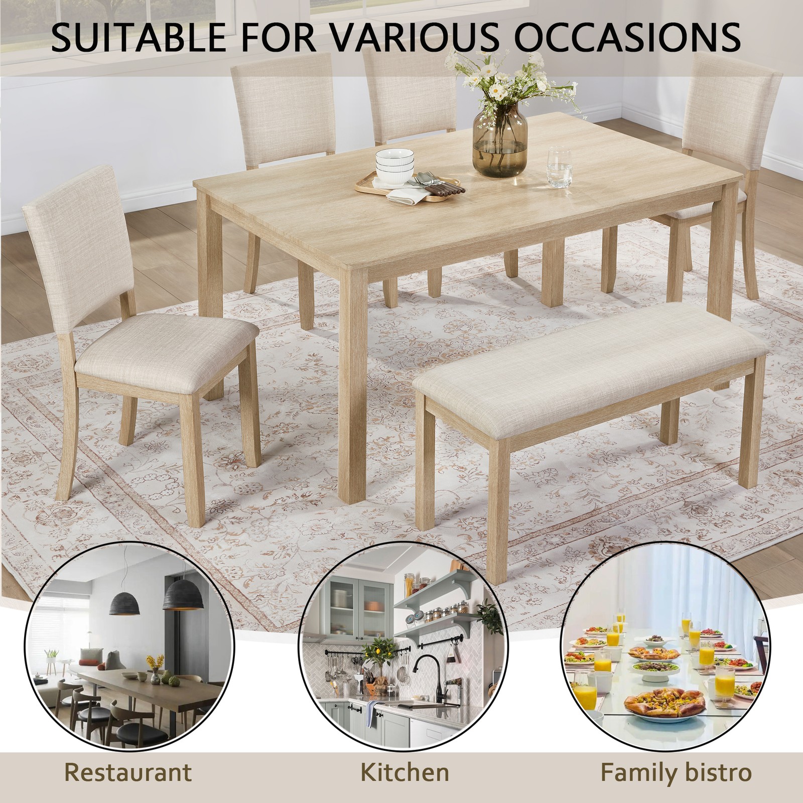 6Pack Dining Table Set with Bench, Wooden Rectangular Kitchen Table Set, Modern