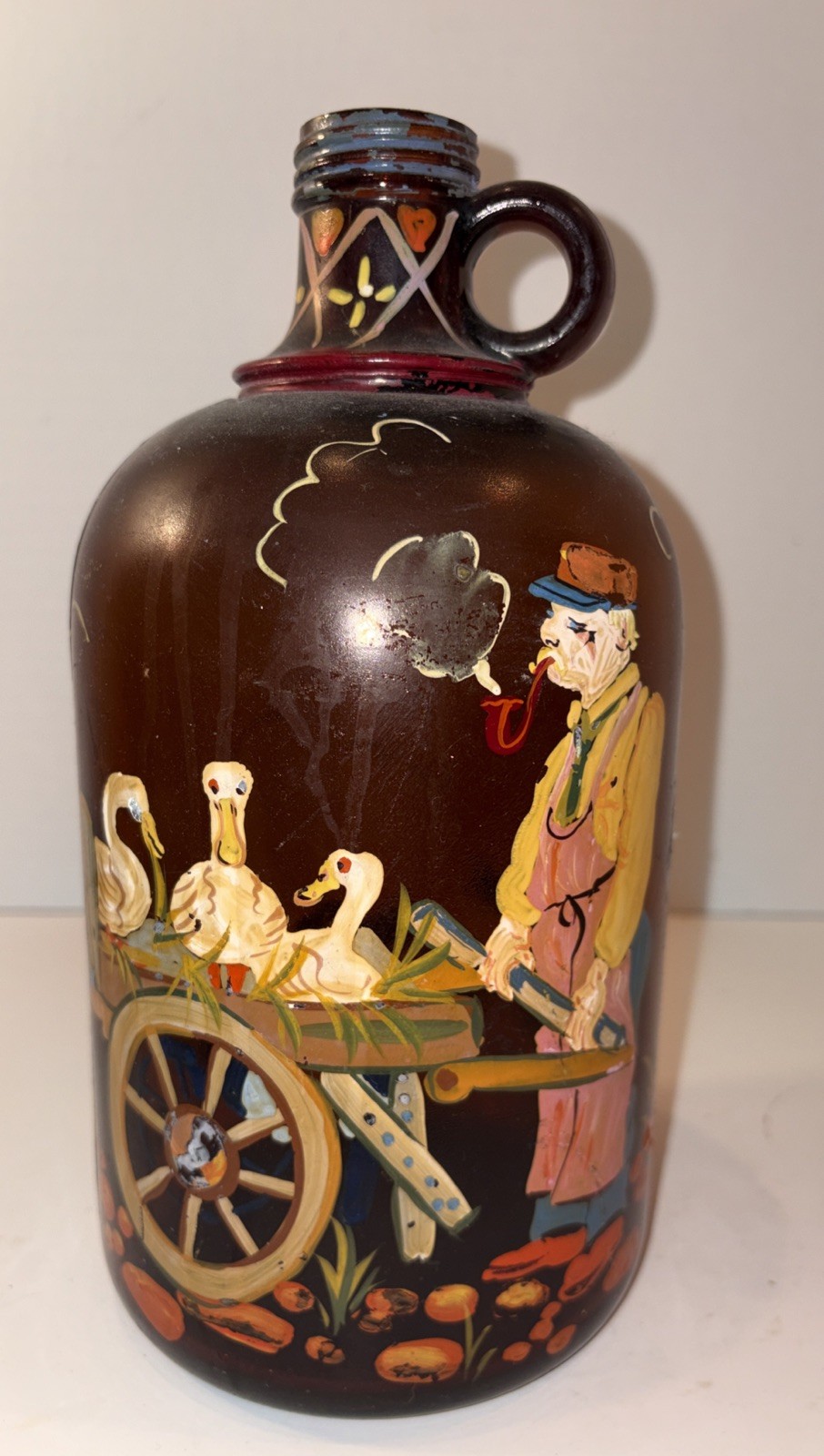 Vintage Hand Painted 1/2 gallon Amber Glass Jug Ducks
