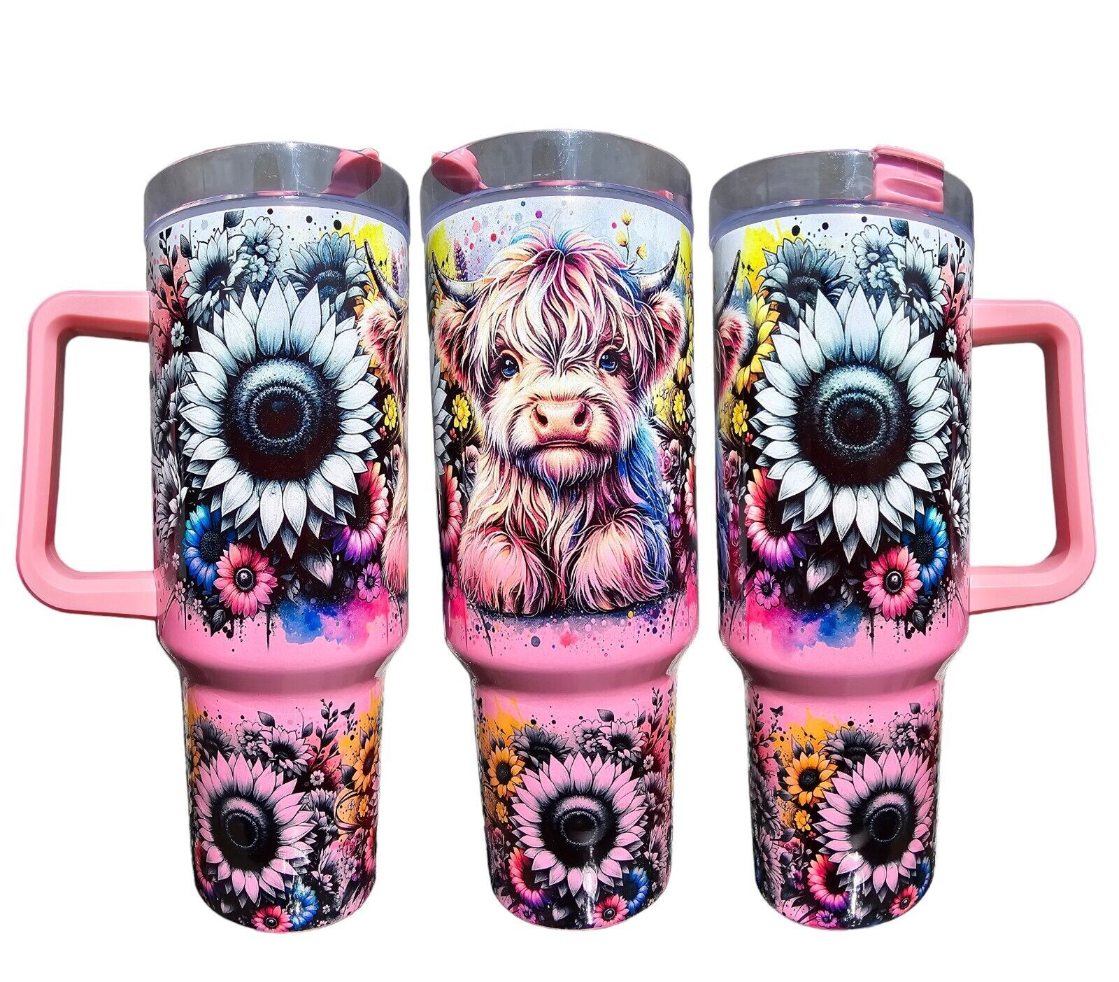 Baby Highland Cow 40oz. Tumbler - Sunflowers - Pink Gradient Glitter Tumbler -