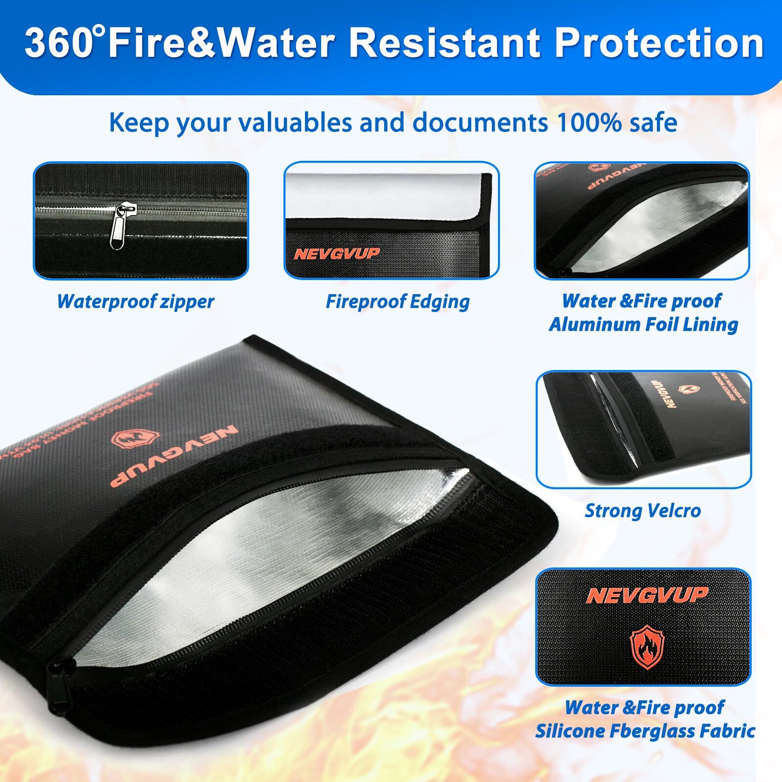 4200°F Fireproof Money Bag for Cash -Heat Insulated 9.8 x 6.5" Fireproof Docu...