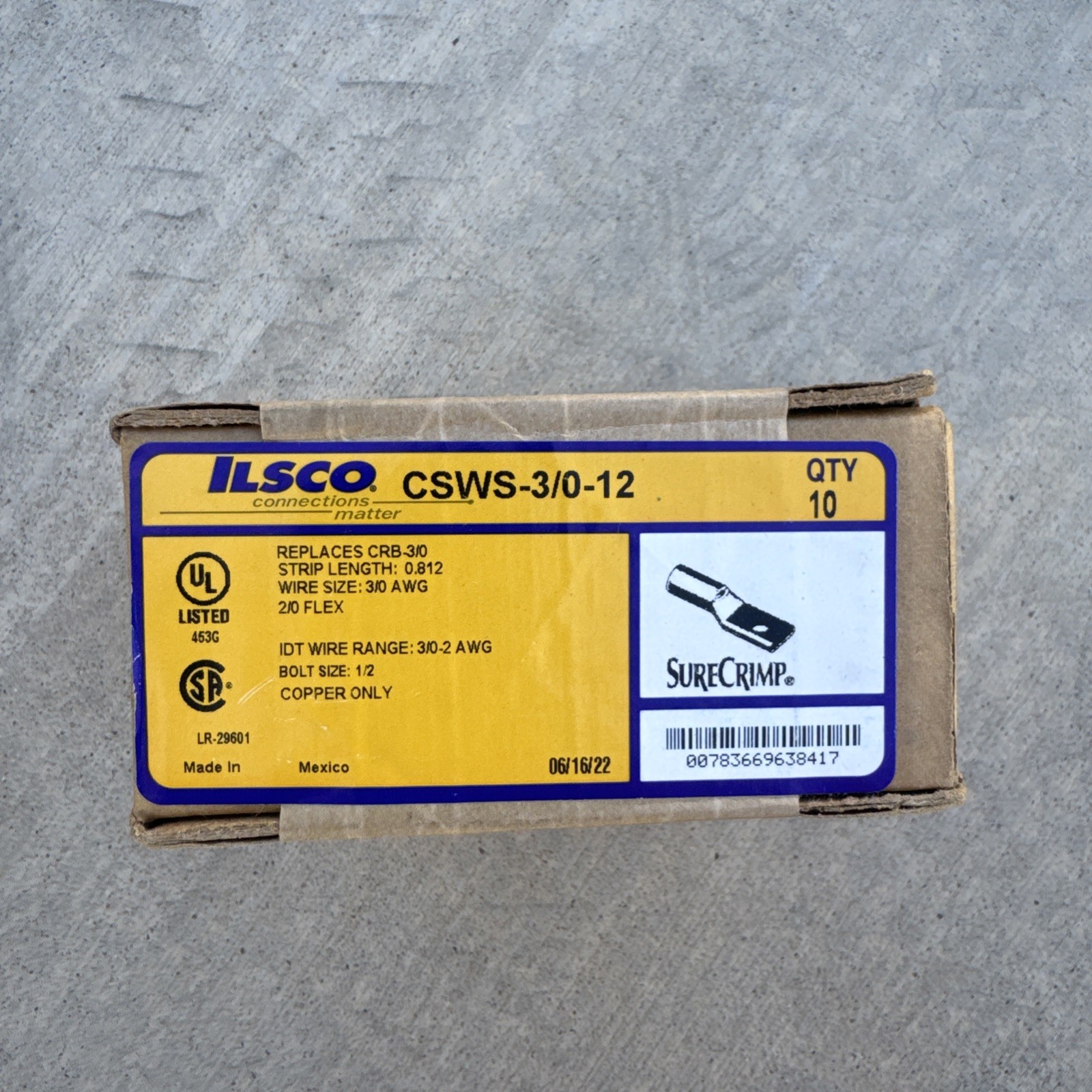 ILSCO CSWS-3/0-12 Compression Lug 3/0 AWG Copper 1/2" Bolt Size (10-Pack) NEW