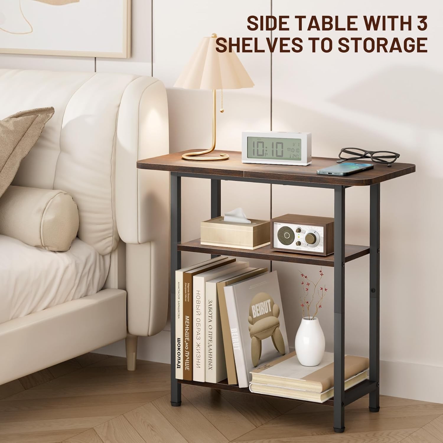 Side Table Living Room 3-Tier End Table Small Space W/ Wide Storage Tabletop