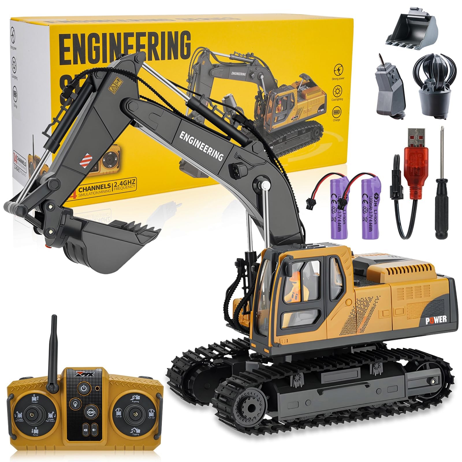 RC Excavator Toy for Boys 3-12, 3-IN-1 Bucket/Claw/Drill, 2.4GHz 14 Channel Cons