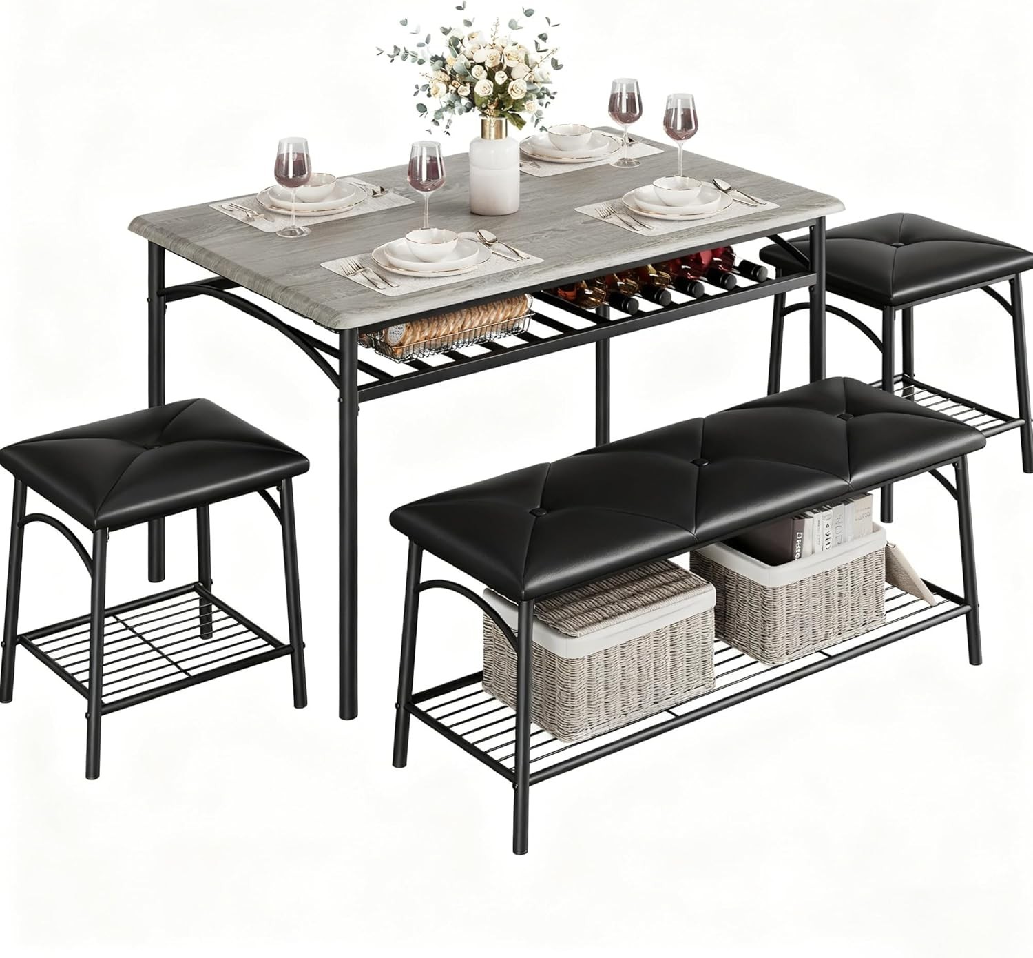 4-Person Dining Table Set w/ Bench & Stools Modern Kitchen Table for Small Space
