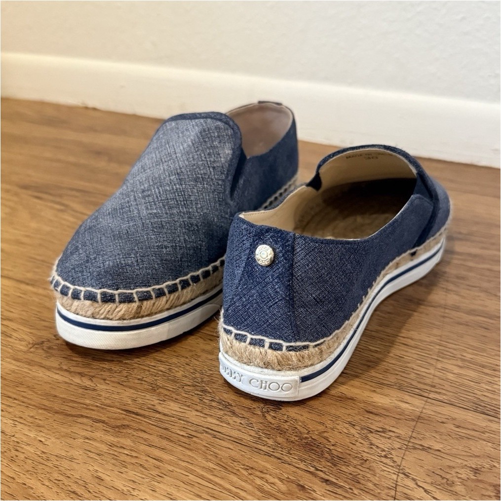 Jimmy Choo Blue Denim Espadrille Flats Slip-On Comfort Jute Trim Women's EU 38