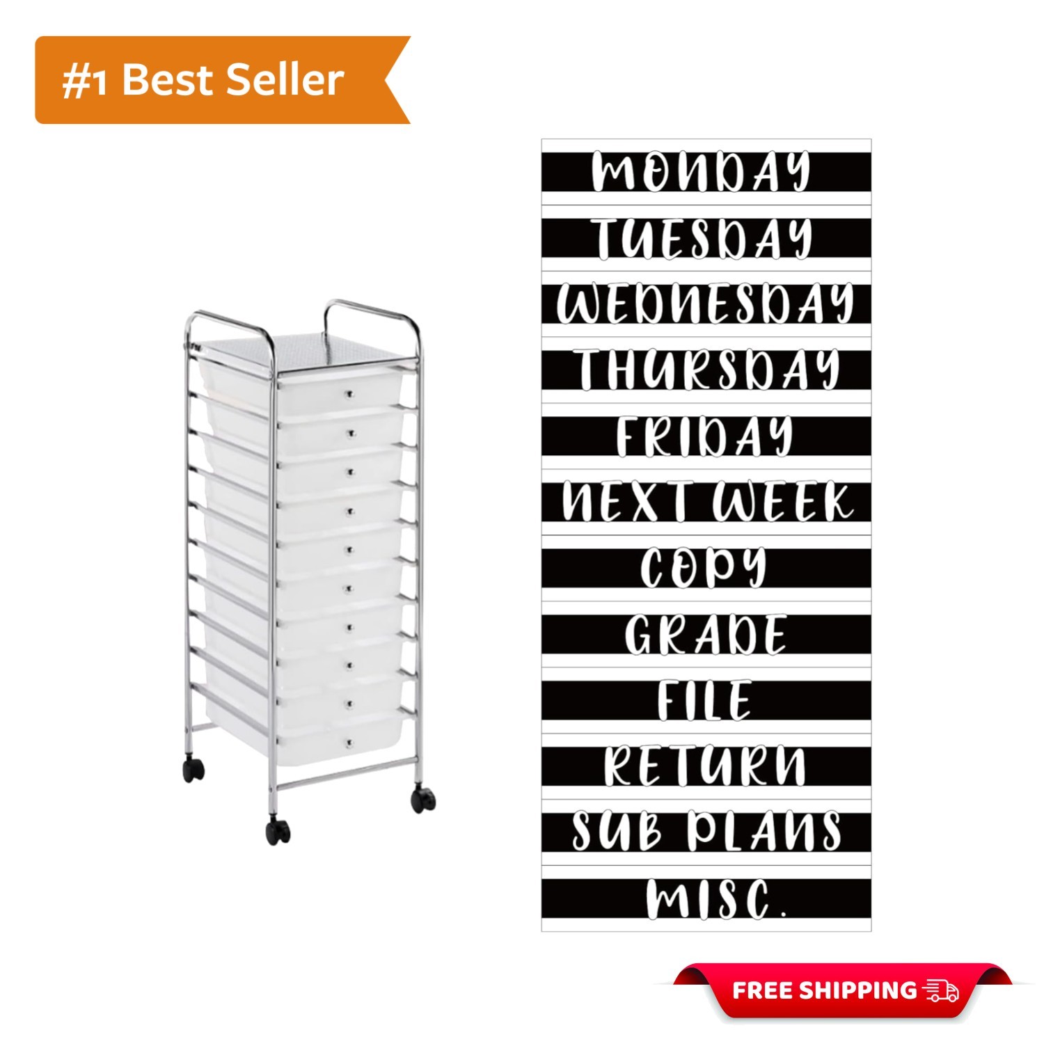 12 Durable Black and White Classroom Storage Labels for 10-Drawer Carts
