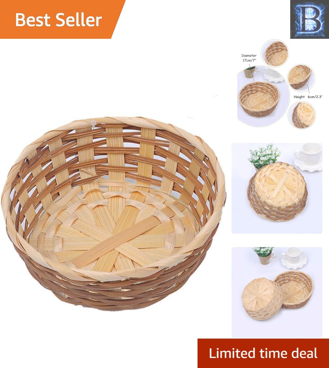 Elegant 6.7" Handmade Bamboo Serving Basket - Natural Yellow Woven Design