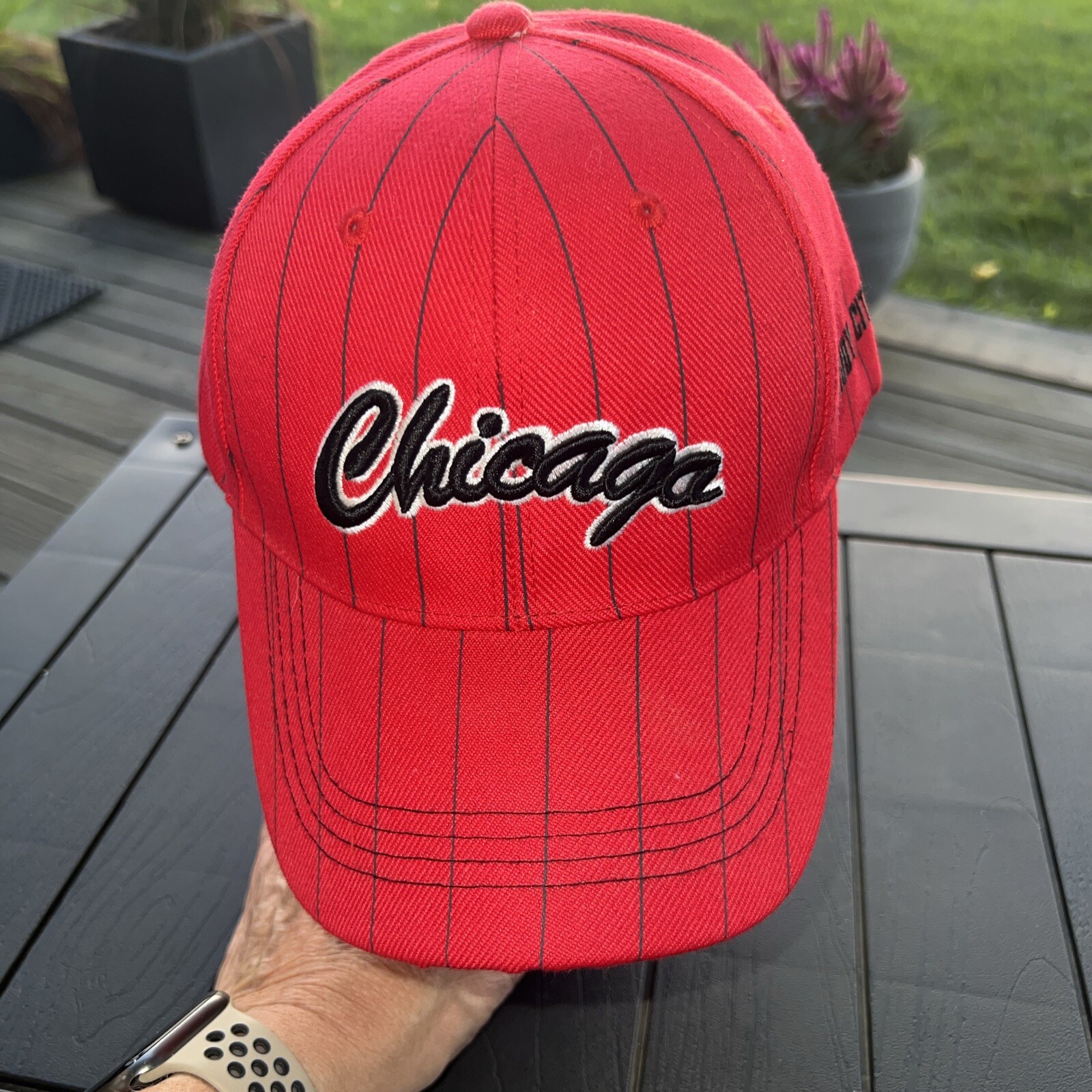 Chicago’s Wind City Red with Black Pinstripe Hat Cap Hook Loop EUC