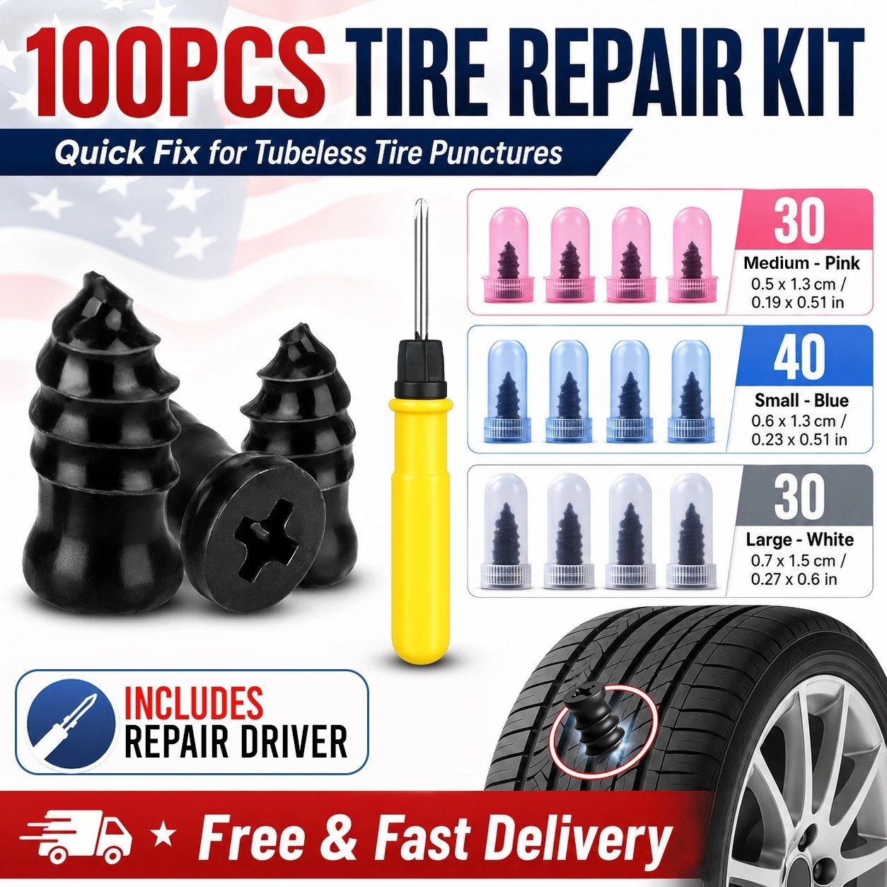 100Pcs Tire Repair Rubber Nails Tyre Puncture Repair Screws Kit with Screwdriver