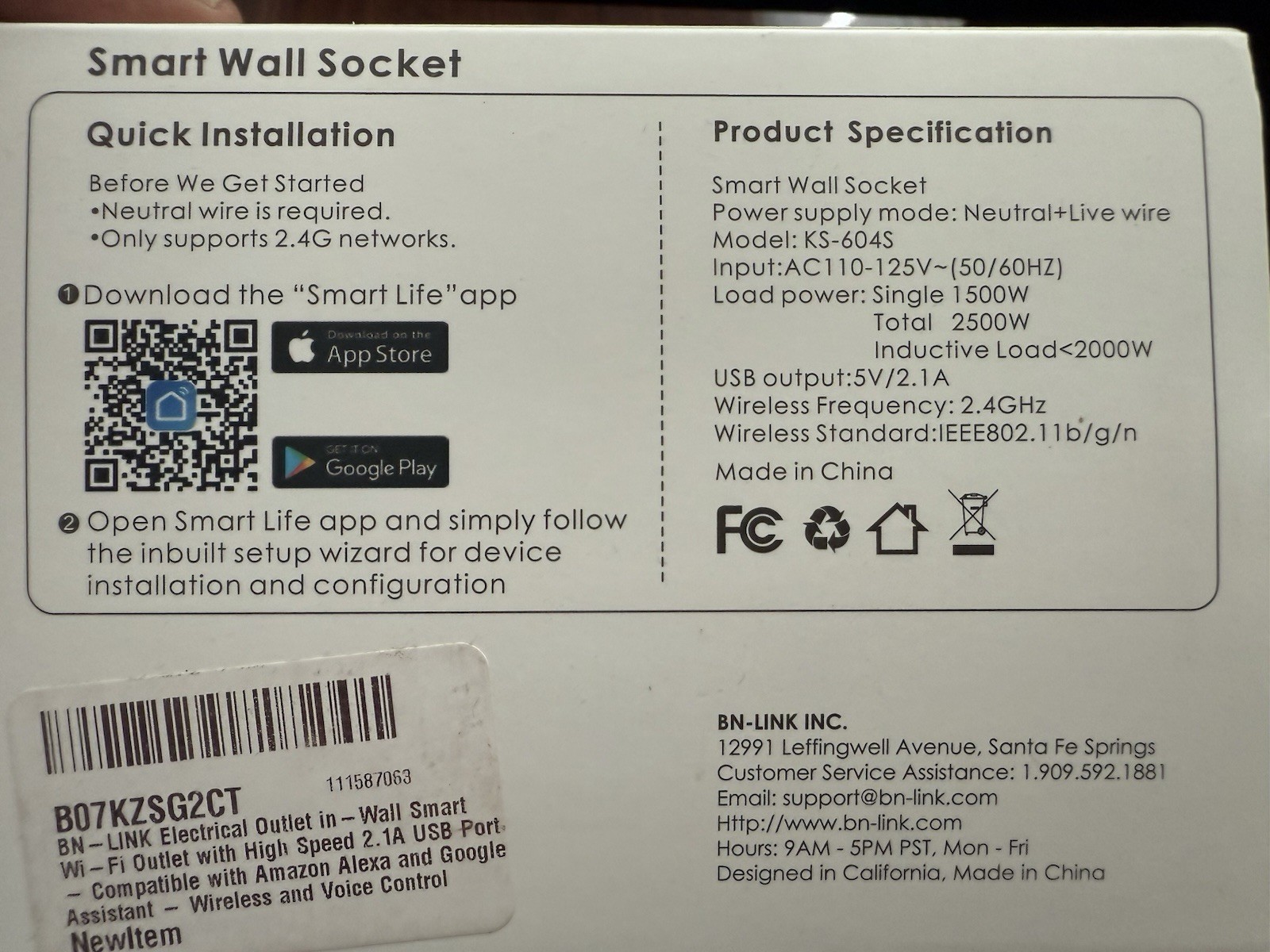 BN-Link Smart Wi-Fi In-Wall Outlet Plug 2 Independently Controlled Sockets