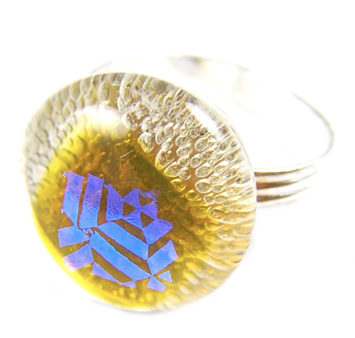 DICHROIC GLASS Cocktail RING Adjustable 3/4" 20mm Round Brown Blue Mosaic Web