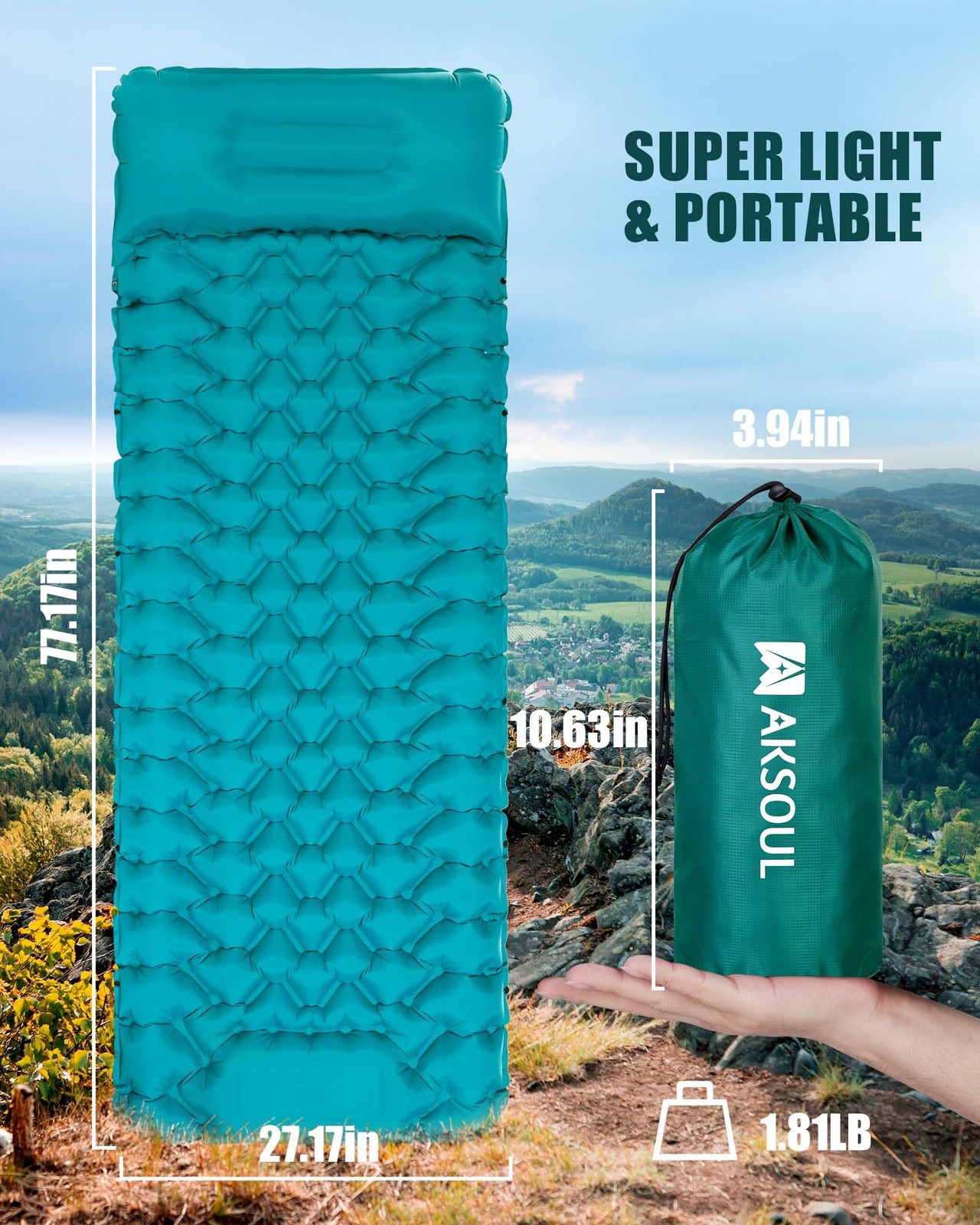 Camping Sleeping Pad With Pillow Extra Thick 3.9 Inch Ultralight Self Inflating