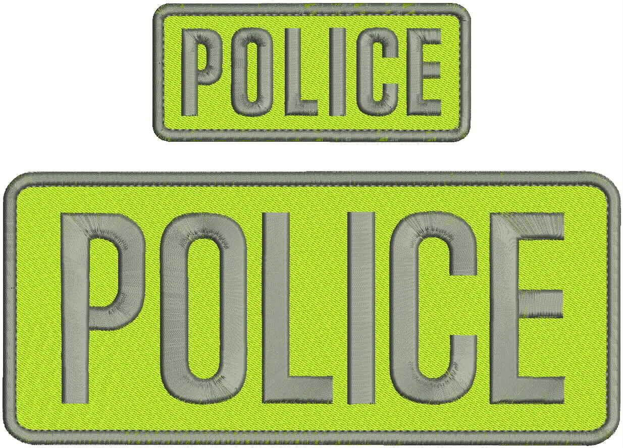POLICE EMBROIDERY PATCH 4X10 AND 2X5 HOOK ON BACK  LIME GREEN/GRAY