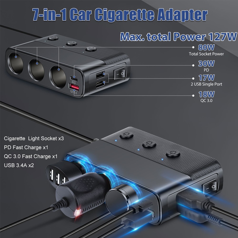 3 Way Car Cigarette Lighter Socket Splitter USB Fast Charger Power Adapter 12V