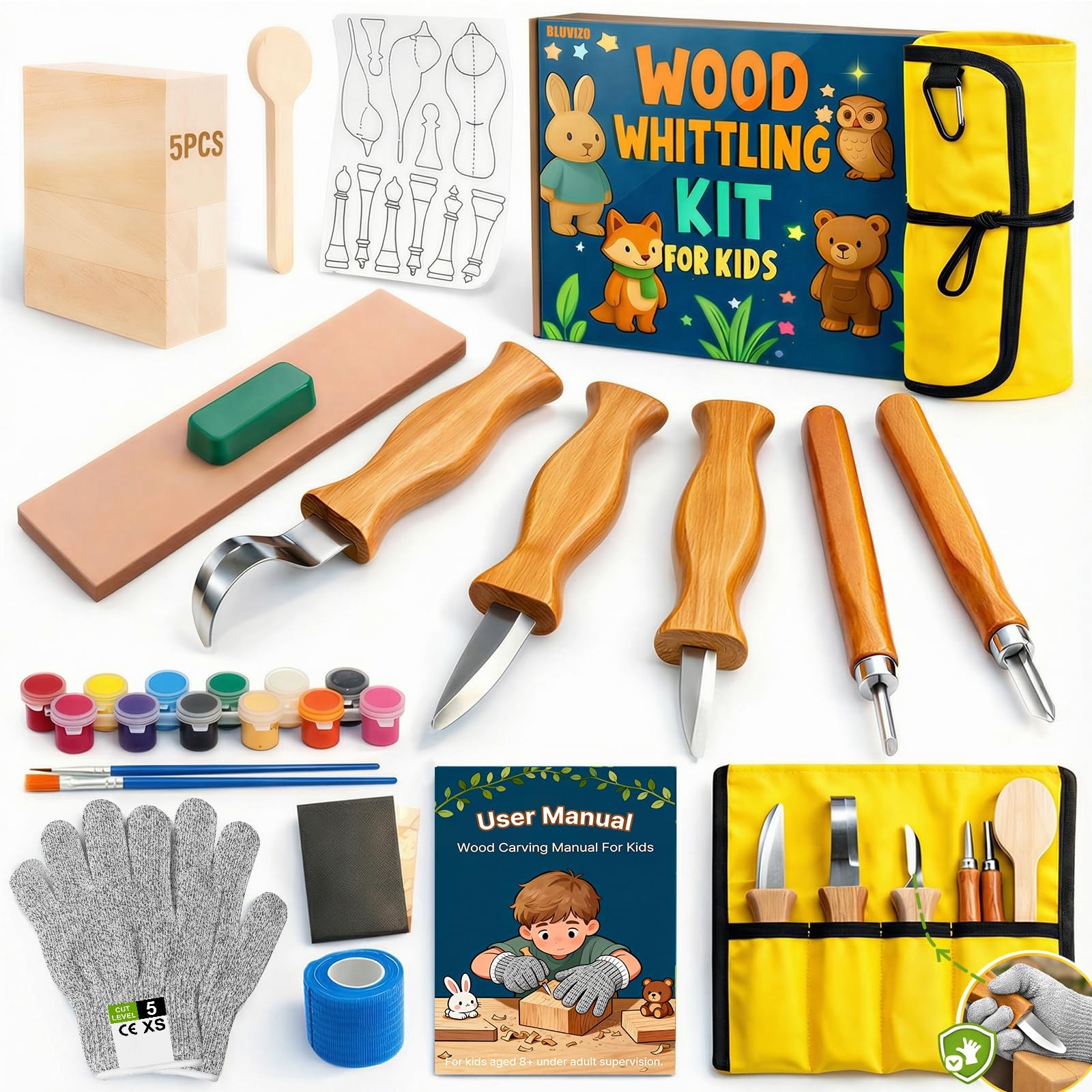 Wood Carving Whittling Kit for Kids: Wood Carving Tool Set with Round-Tip Saf...
