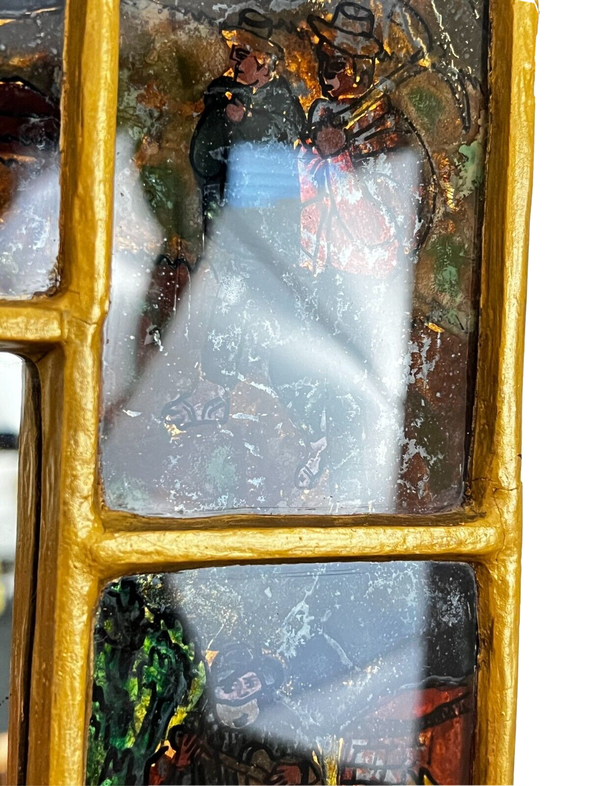 VTG Peruvian Folk Art Reverse Painted Figures 8 Panels Gold Gilt Mirror Frame