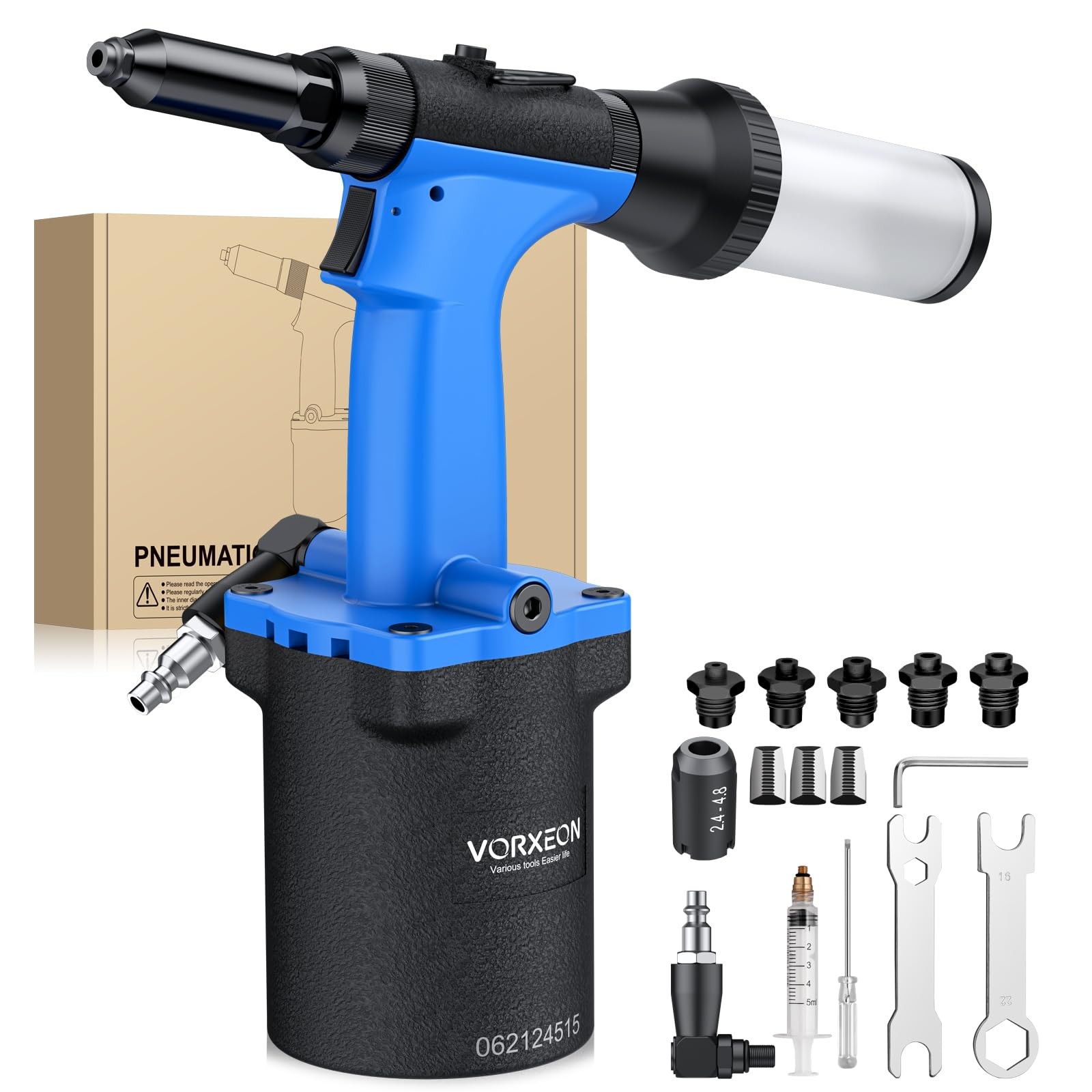 VORXEON Pneumatic Blind Rivet Gun 1400KGF 5 Nozzles 2 4-6 4mm Self-Priming Set