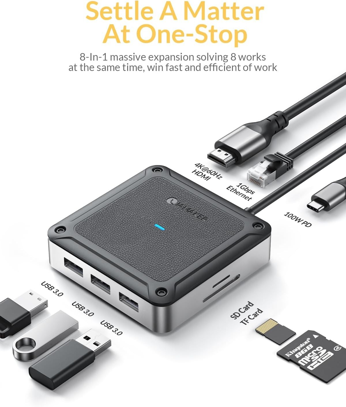 6 8 in1 USB-C Hub Docking Station Adapter 4K HDMI PD 100W 1Gbps Ethernet For PC