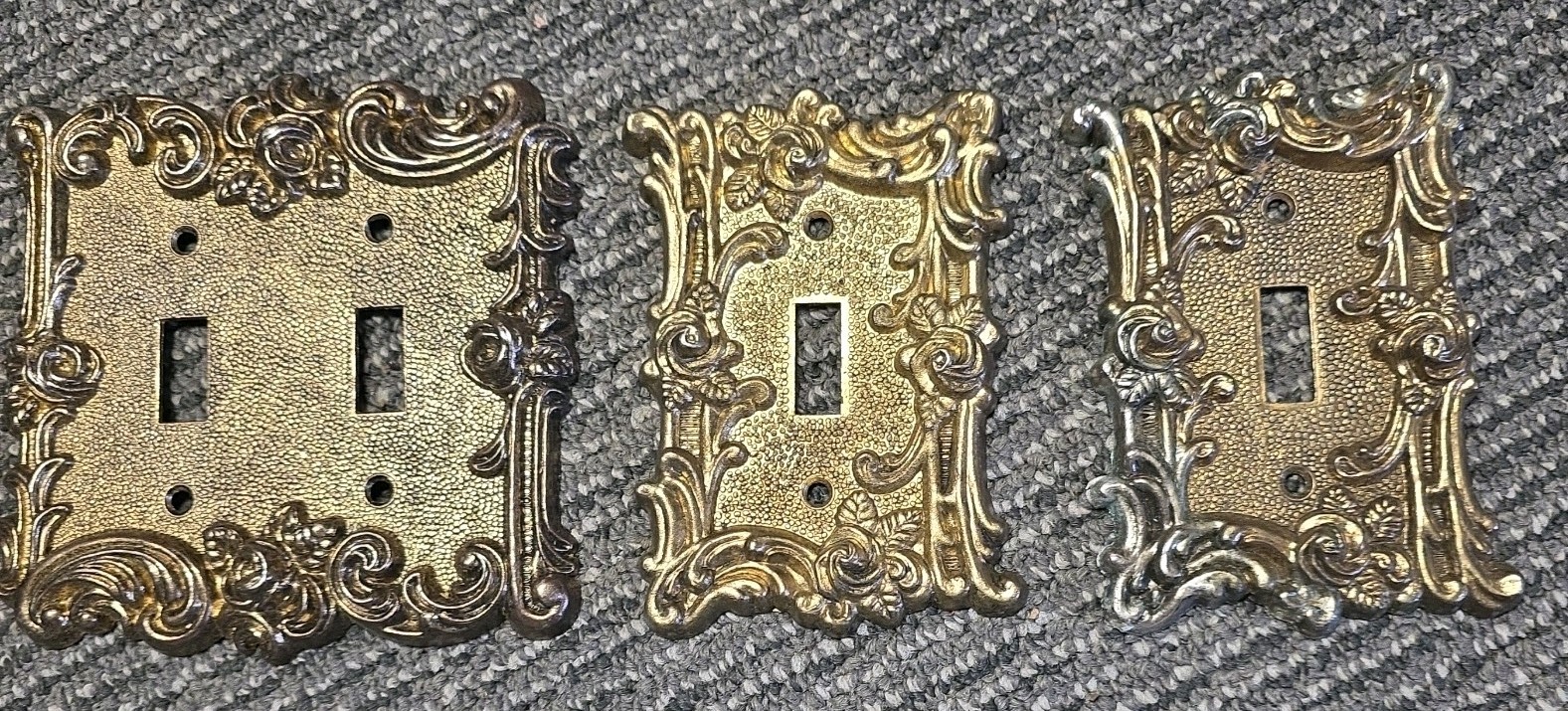 Vintage Brass Switch Plate Covers – Lot of 3 – Rococo Style Double/Single Toggle