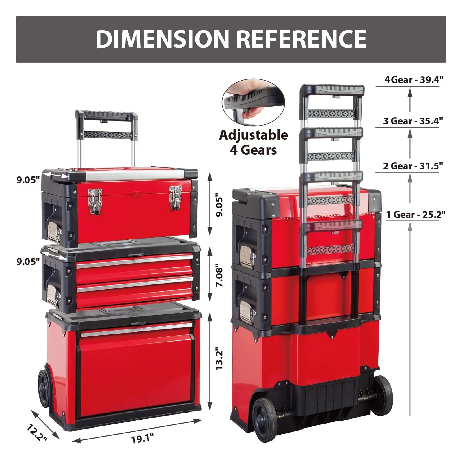 Stackable Portable Metal Tool Box Organizer with Wheels, 2 Drawers,Red