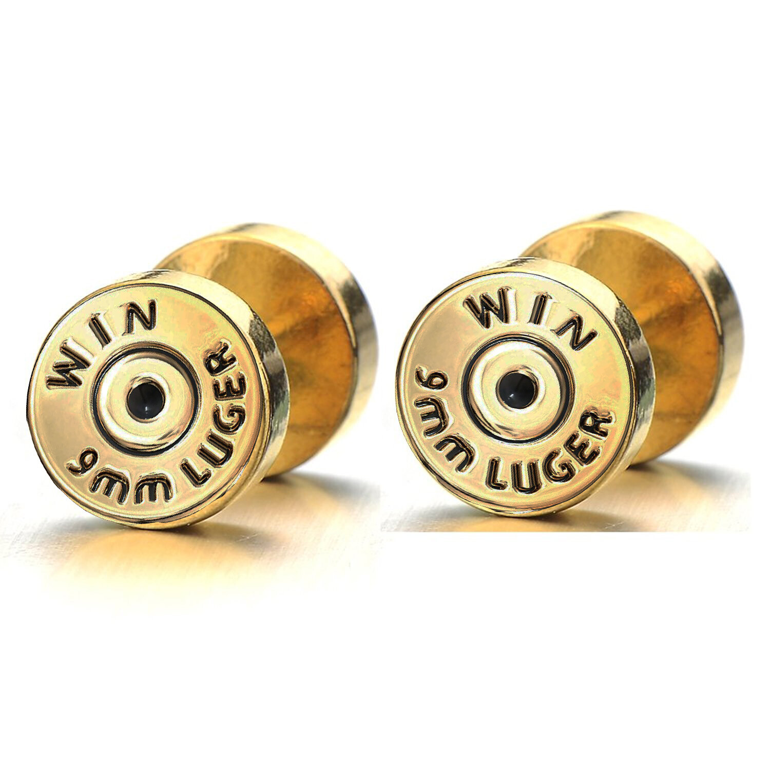 PAIR 16G 00G 10mm GOLD BULLET STEEL FAKE GAUGES CHEATER PLUGS EAR RING MEN STUDS