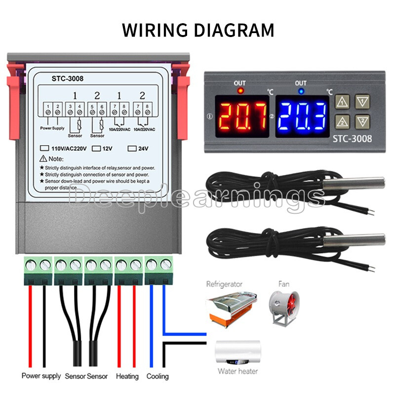 DC 12V Digital STC-3008 LED Display Dual Temperature Thermostat Controller Probe