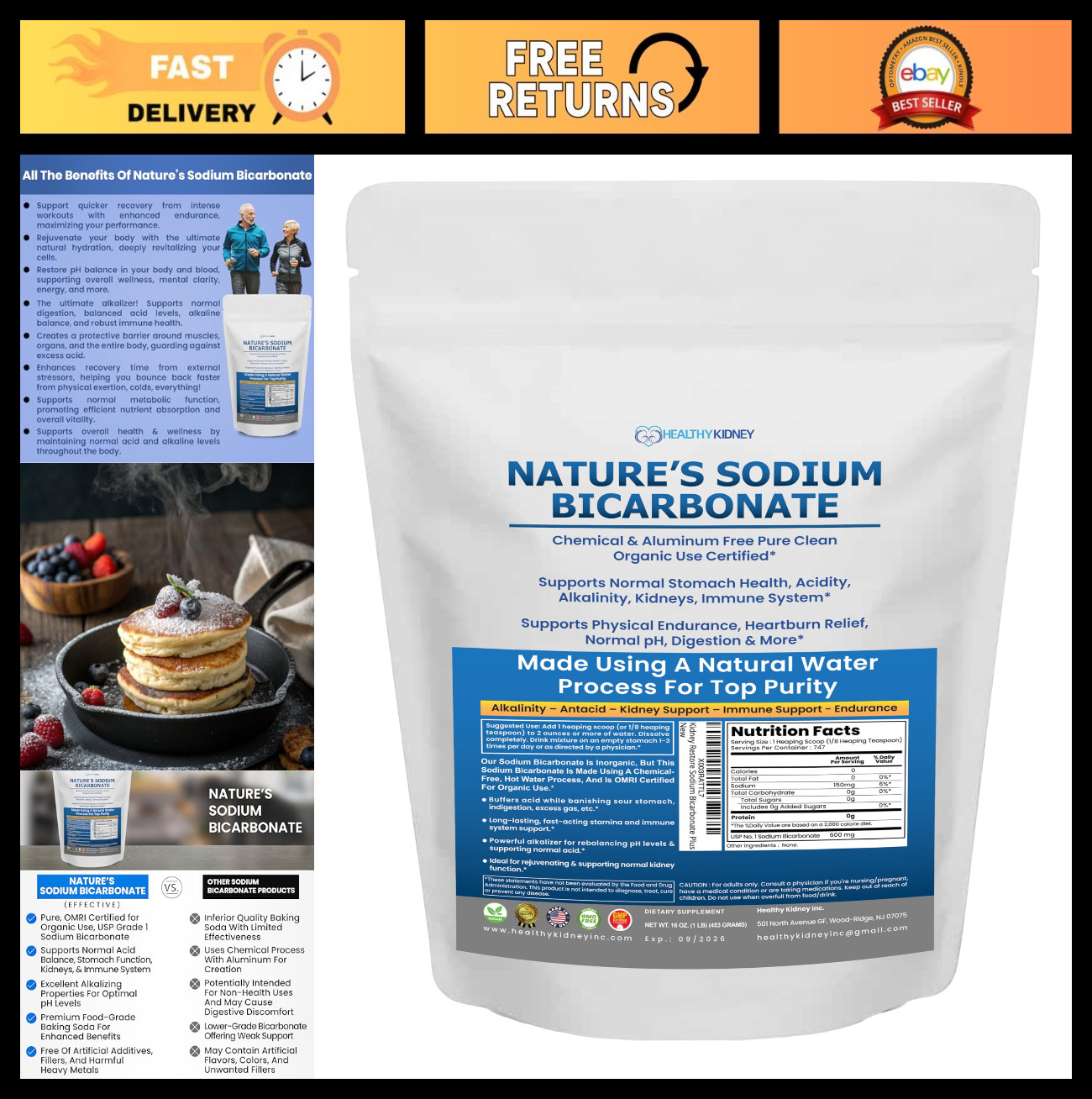 Organic Baking Soda 1lb - Aluminum-Free Food Grade Sodium Bicarbonate for Cookin