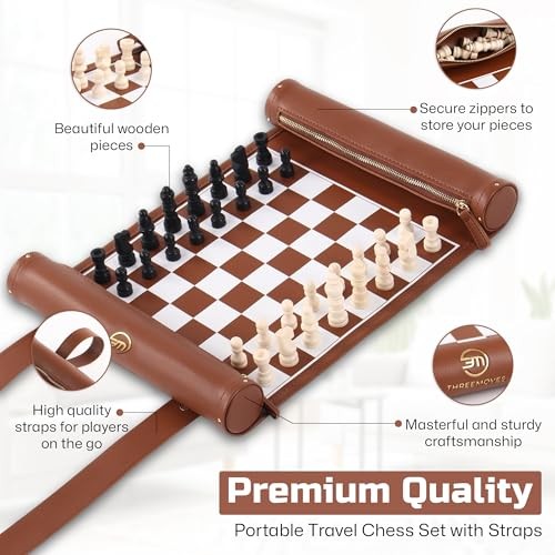 Roll Up Chess Set - Foldable Leather Chess Mat with Chess Pieces - Brown