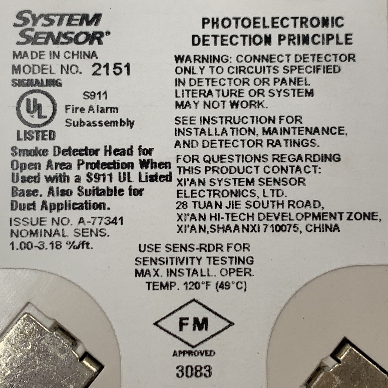 System Sensor 2151 Smoke Detector Head New
