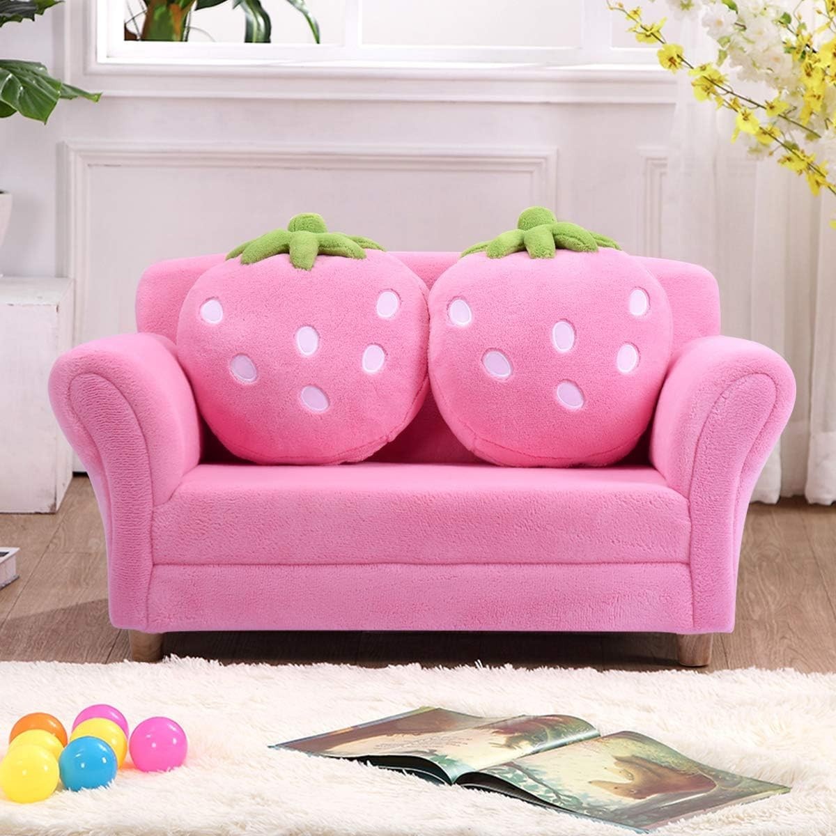 Costzon Kids Pink Sofa Couch with 2 Strawberry Pillows – Toddler Loveseat