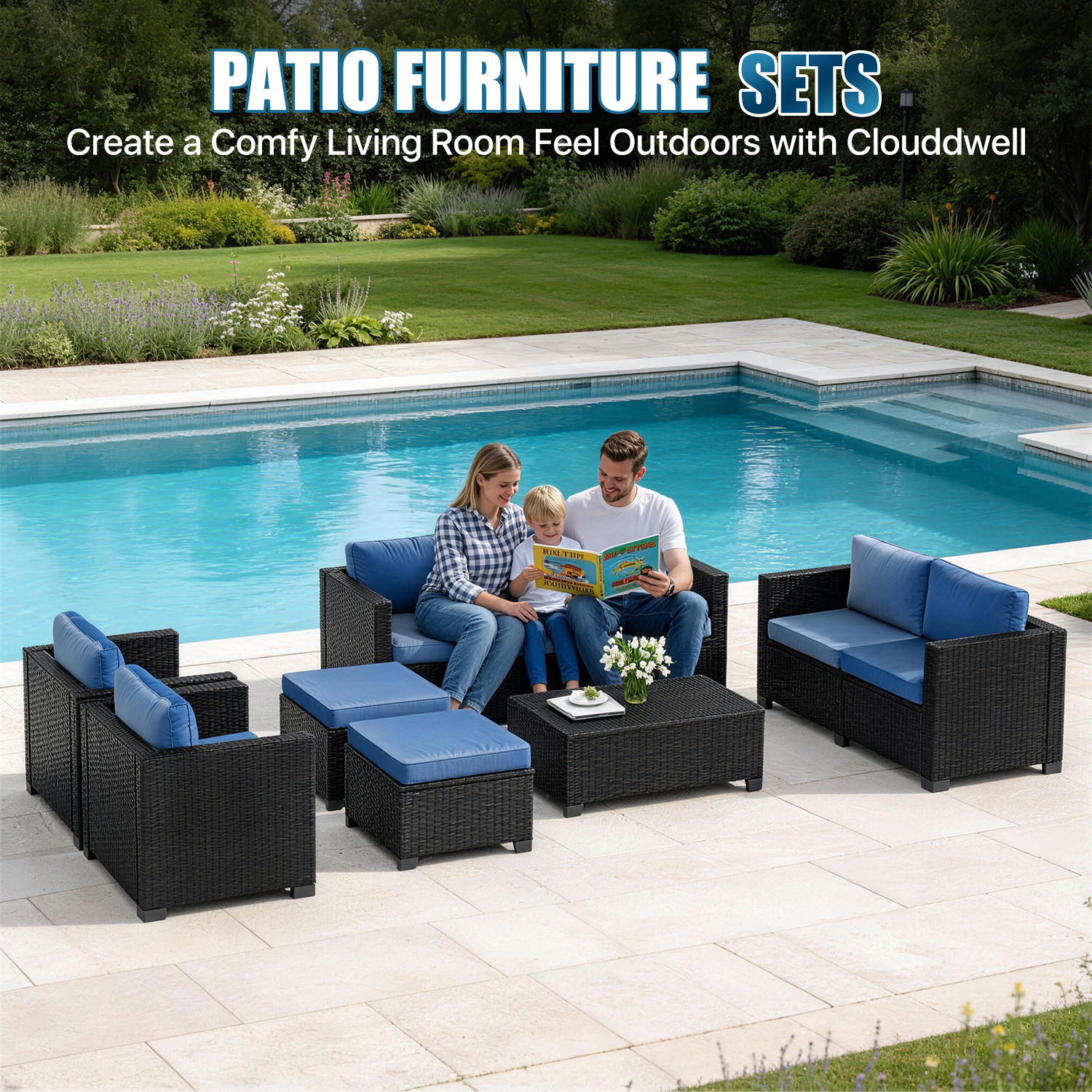 7-Piece Black Rattan Sofa Set w/ Storage Coffee Table Navy Blue 9-Seat