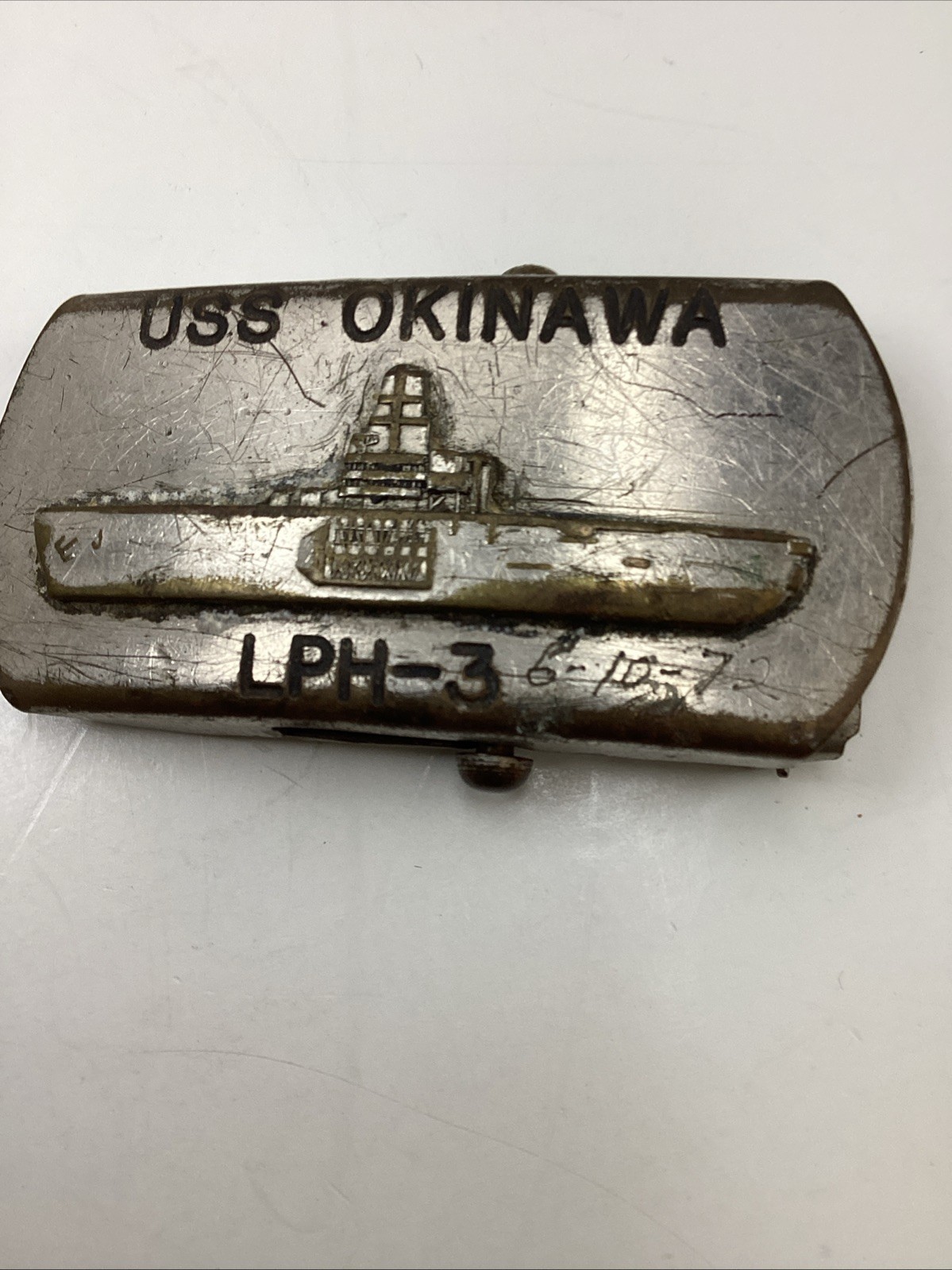 RARE Vintage USS Okinawa LPH-3 Belt Buckle - US Navy Ship - 6-10-72 TATUM