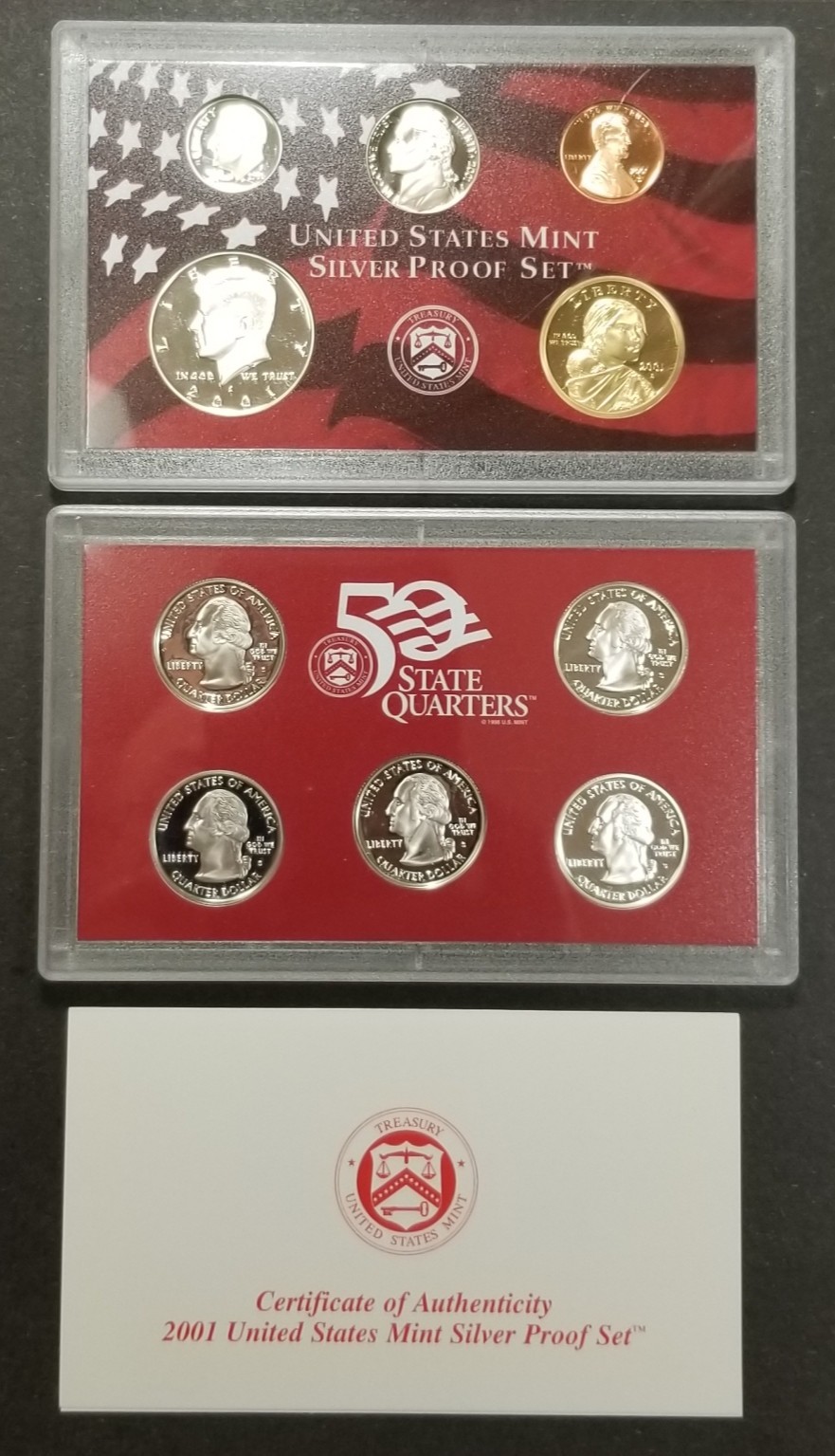 2001 U.S. Mint Silver Proof Set w/ State Quartes in Original Treasury Pack & COA