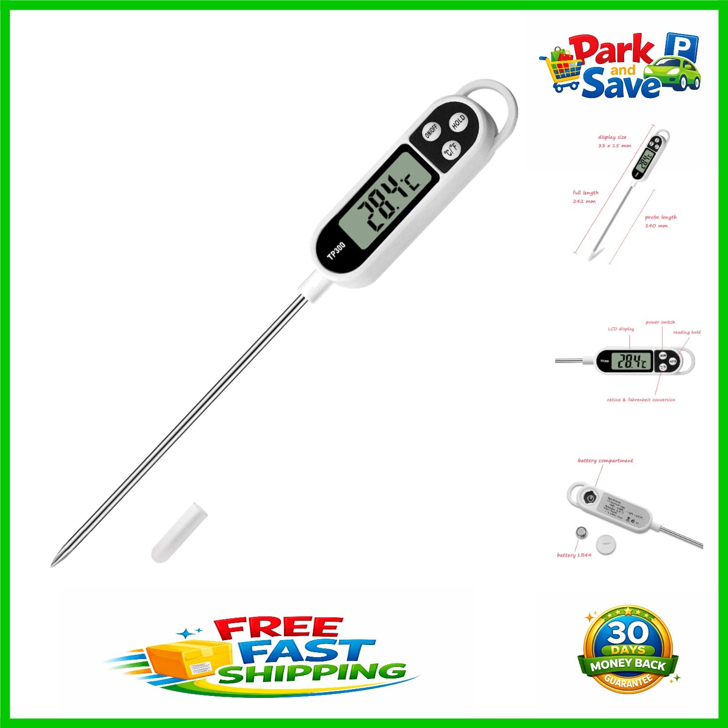 Fast-Reading LCD Meat Thermometer with Long Stainless Steel Probe - 572°F