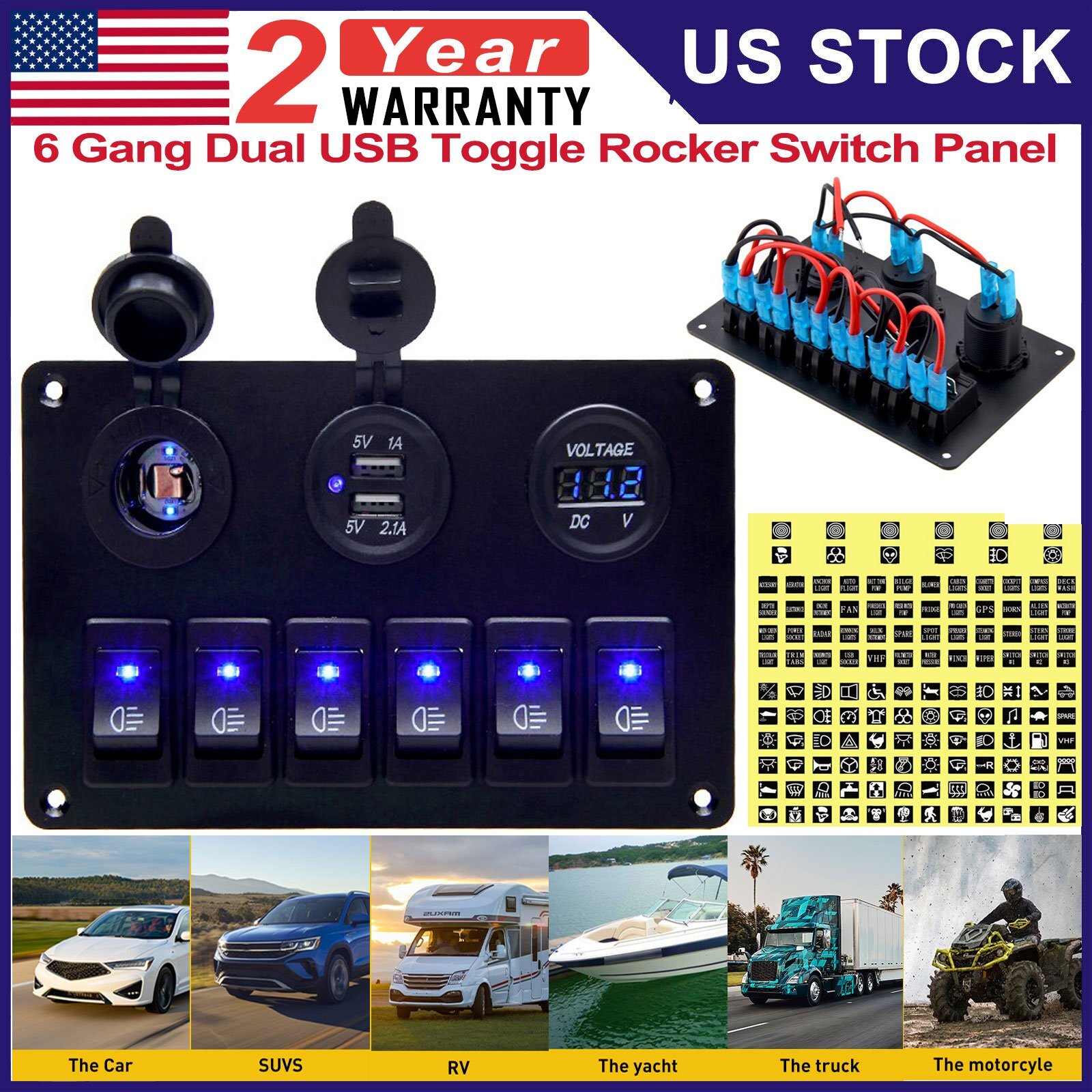 6 Gang 12V LED Rocker Switch Panel Car Marine Boat Circuit Dual USB Waterproof
