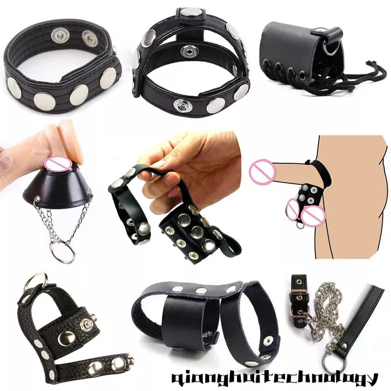 Men's Leather Ring Cage Peni Harness Sleeves Ball Stretcher Bandage Strap