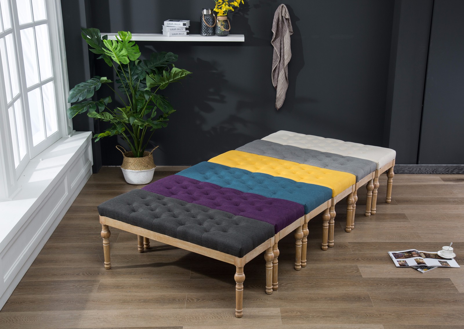 Habit Solid Wood Button Tufted Dining Bench, Grey