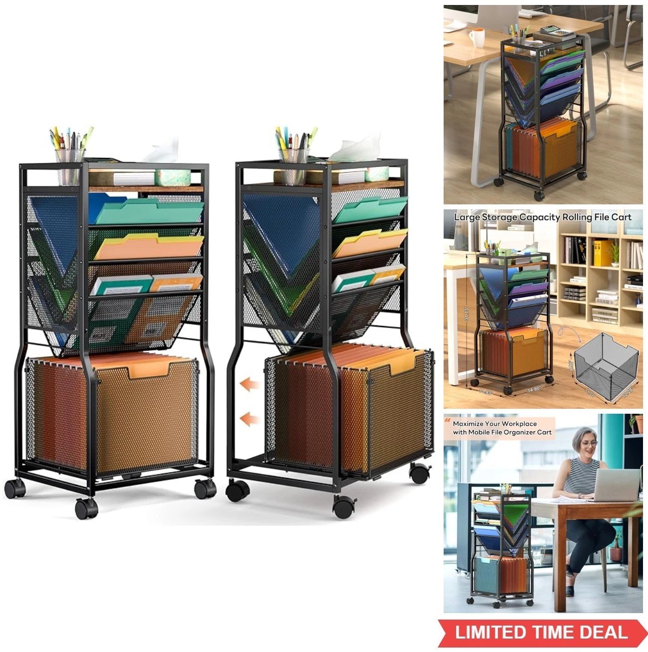 8 Tier Rolling File Cart with Hanging File Folder Organizer Dual Sided Access