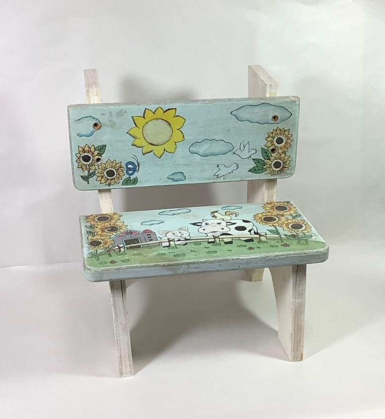Hand Painted Farm Theme Wooden Bench for Kids / Child Vintage or Antique